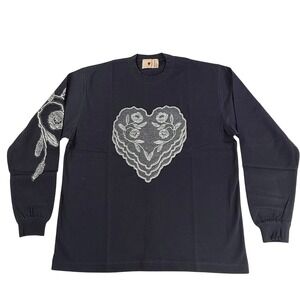 Emotionally Unavailable Lace Heart Long Sleeve T-Shirt Black Mens Large